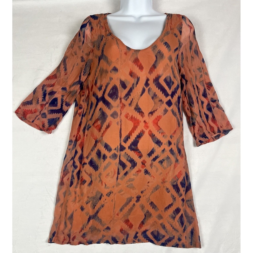 Gypsy 05 100% Silk Dress Fall Tunic Orange And Blue Print Women's Size XS